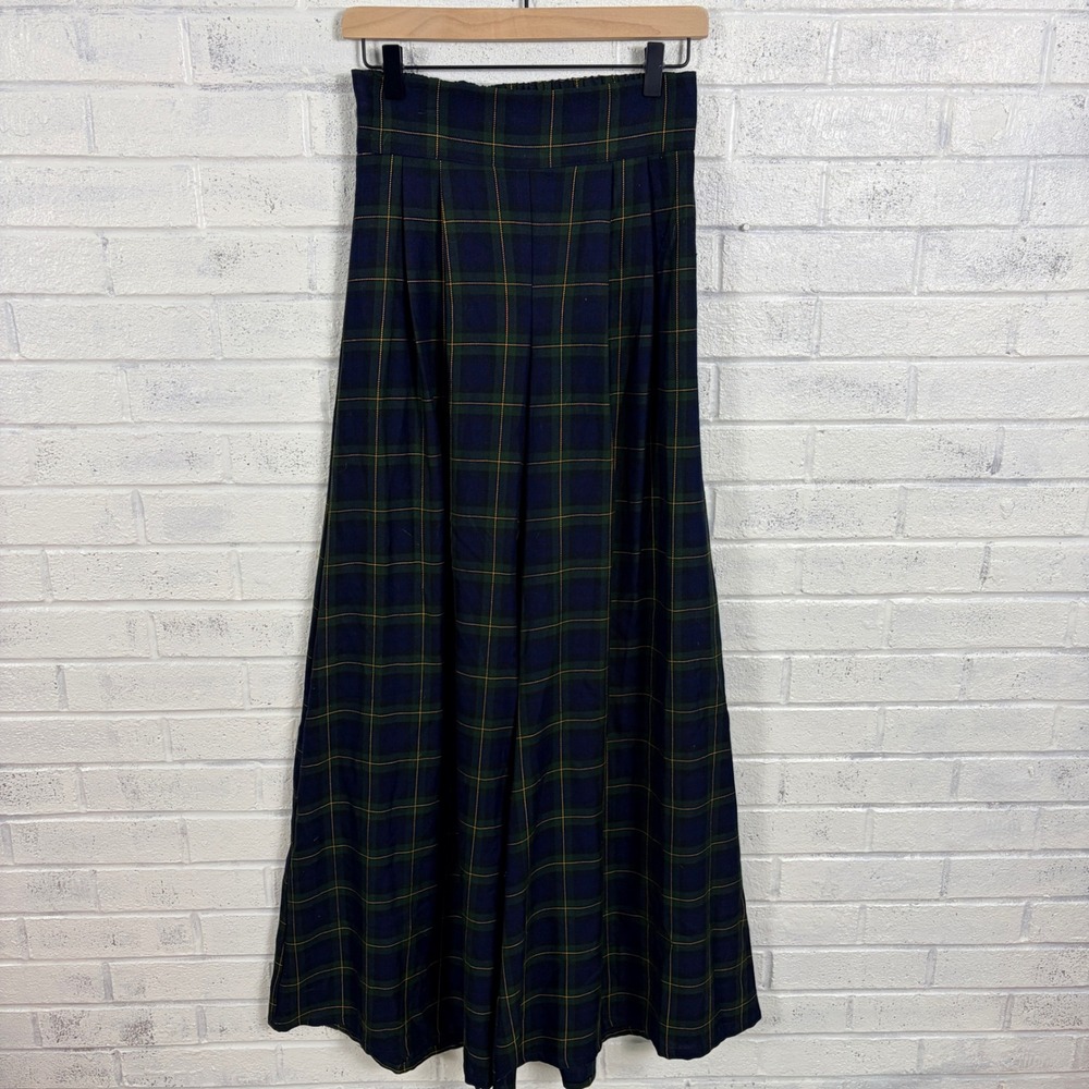 Otis & Maclain Wide Leg Pants Womens S Navy Green Plaid High Waist Pleated